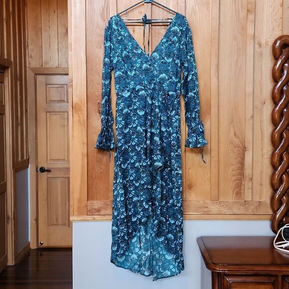 Band of the Free Jewel Bohemian Floral Wrap High Low Maxi Dress, Large, Teal - Picture 1 of 10